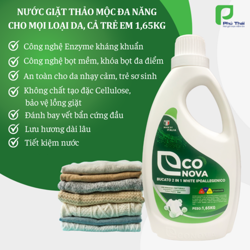 Nước giặt xả thảo mộc đa năng đánh bật mọi vết bẩn dành cho mọi loại da & trẻ nhỏ, Giữ màu sợi vải Econova - Bucato 2 in 1 White Ipoallegenico 1.65 kg (Ý)